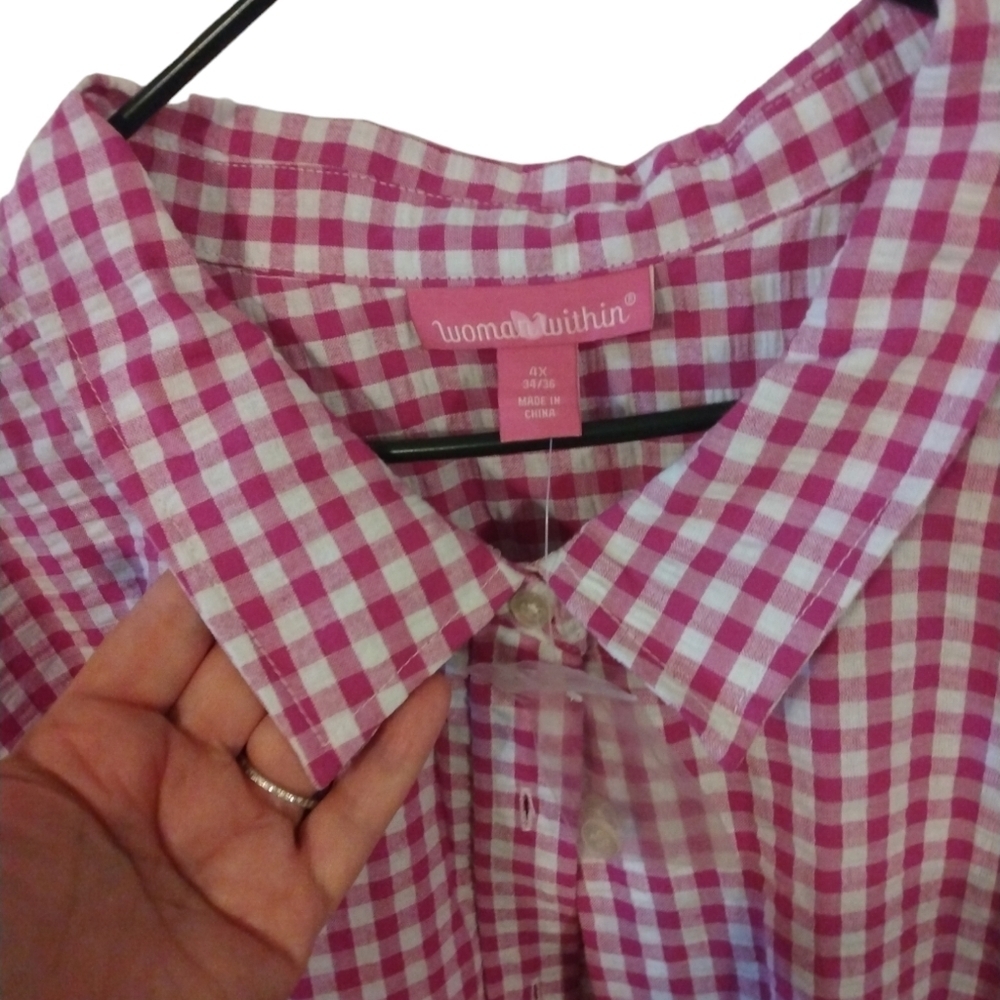 Gingham Red White Button Up Woman Within Button Up Elbow Slvs. Country Casual 4X - Picture 3 of 8